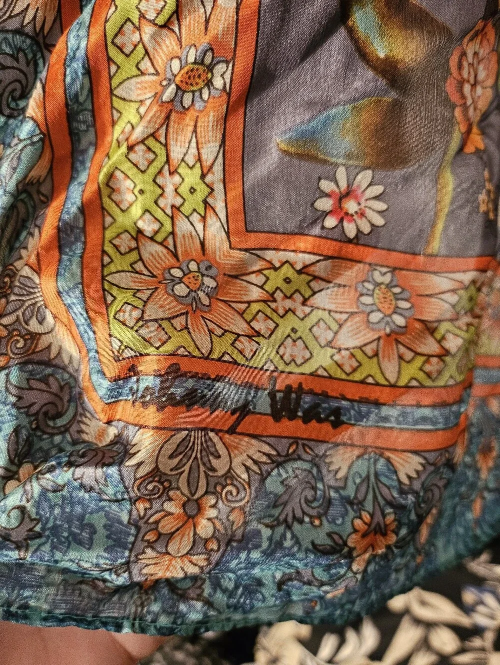 *Johnny Was Silk Square Scarf Floral Botanical Bird Print with Corner Tassels